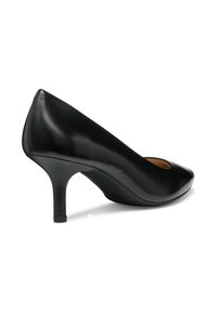Black leather high-heeled pump with a pointed toe and a sleek shape. The heel is a medium height with a smooth texture and minimal detail.
