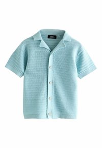 Világoskék, rövid ujjú ing, texturált kötött anyagból. Gombos elülső rész, apró kerek gombokkal és lapos gallér kialakítással.