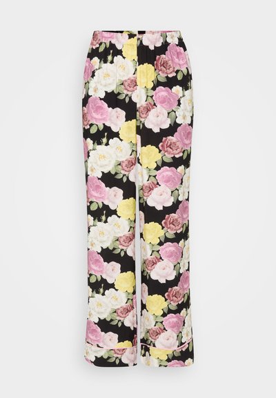 Blomstrede vide bukser med svart bakgrunn og rosa, hvite og gule roser. Elastisk midje; mykt, lett materiale.