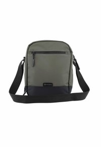 Borsa a spalla realizzata in PET riciclato, caratterizzata da una parte superiore grigia elegante, base nera, tasca frontale con zip e tracolla regolabile.