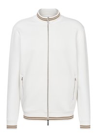 White zip-up jacket with a textured fabric, featuring a stand collar with brown stripes, side pockets, and striped accents on cuffs and hem.