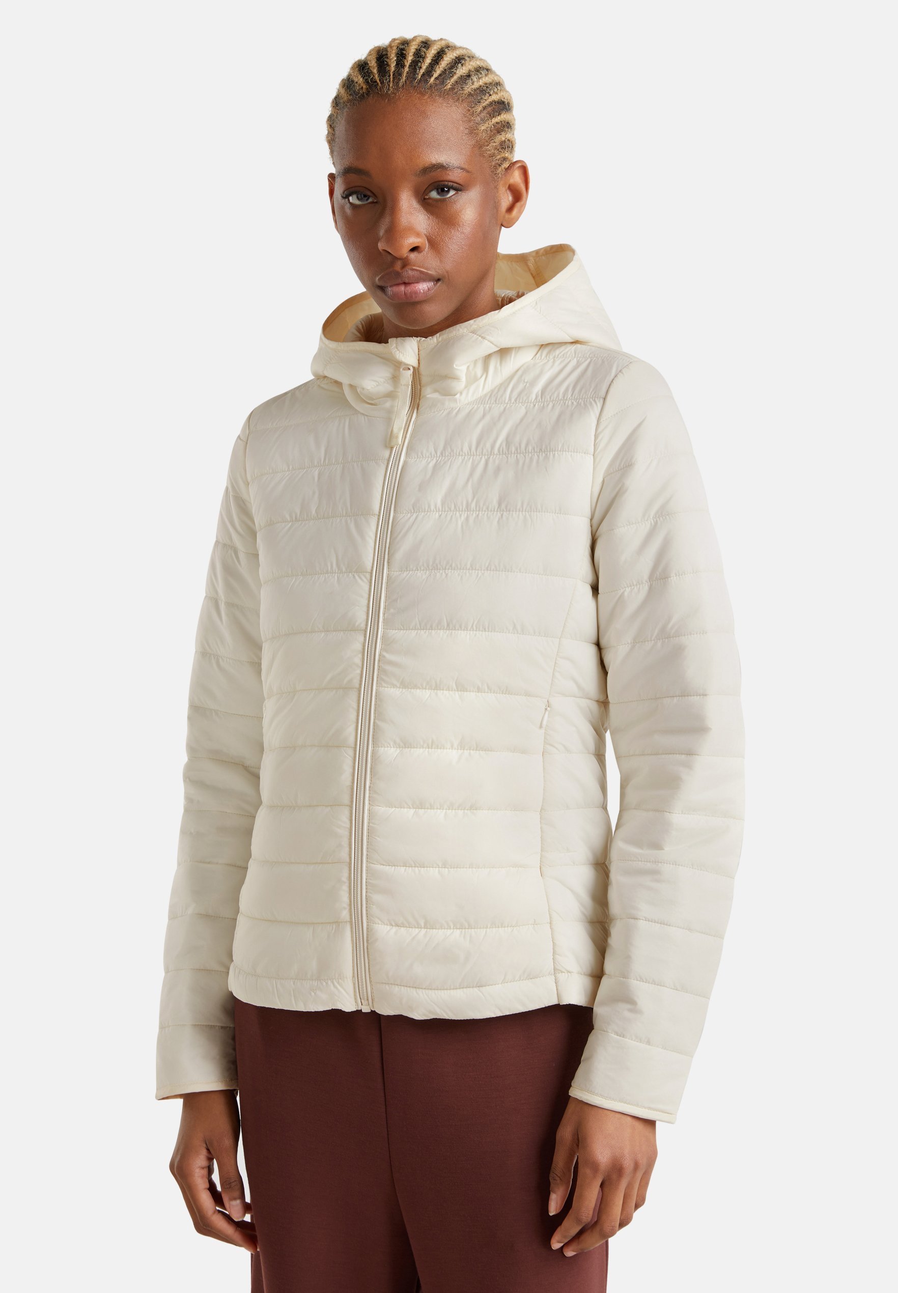 Veste Microplume Femme Benetton - Nylon Avec Rembourrage Recyclé 100g - Coupe Ajustée Avec Capuche