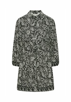 Schwarz-weißer Paisley-muster Kleid mit Kragen, Dreiviertelärmel und Taillengürtel. Hergestellt aus leichtem Stoff mit einer weichen Textur.