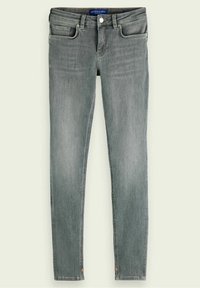 Vaqueros de mezclilla skinny grises con un diseño clásico de cinco bolsillos, que incluyen un cierre de botón, lazos para cinturón y costuras naranjas contrastantes en los dobladillos.