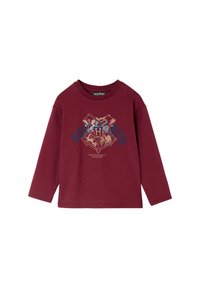 Maroon long-sleeve shirt with Hogwarts crest featuring four animals and text "Hogwarts School of Witchcraft and Wizardry" on front.