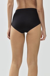 Zwarte high-waisted bikini onderkant van gladde stof, met een naadloos ontwerp zonder zichtbare stiksels.