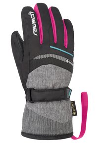 Guanto isolante nero e grigio con accenti rosa. Presenta un tessuto testurizzato e una cinghia regolabile. Etichetta GORE-TEX visibile di lato.
