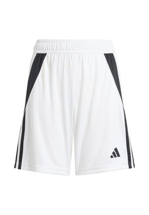 Shorts de sport blancs en tissu léger, avec des rayures noires sur les côtés et une taille élastique ornée d'un logo en relief.