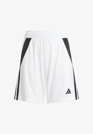 Weiße Sportshorts aus leichtem Material, mit schwarzen Seitenstreifen und einem elastischen Bund mit einem geprägten Logo-Detail.