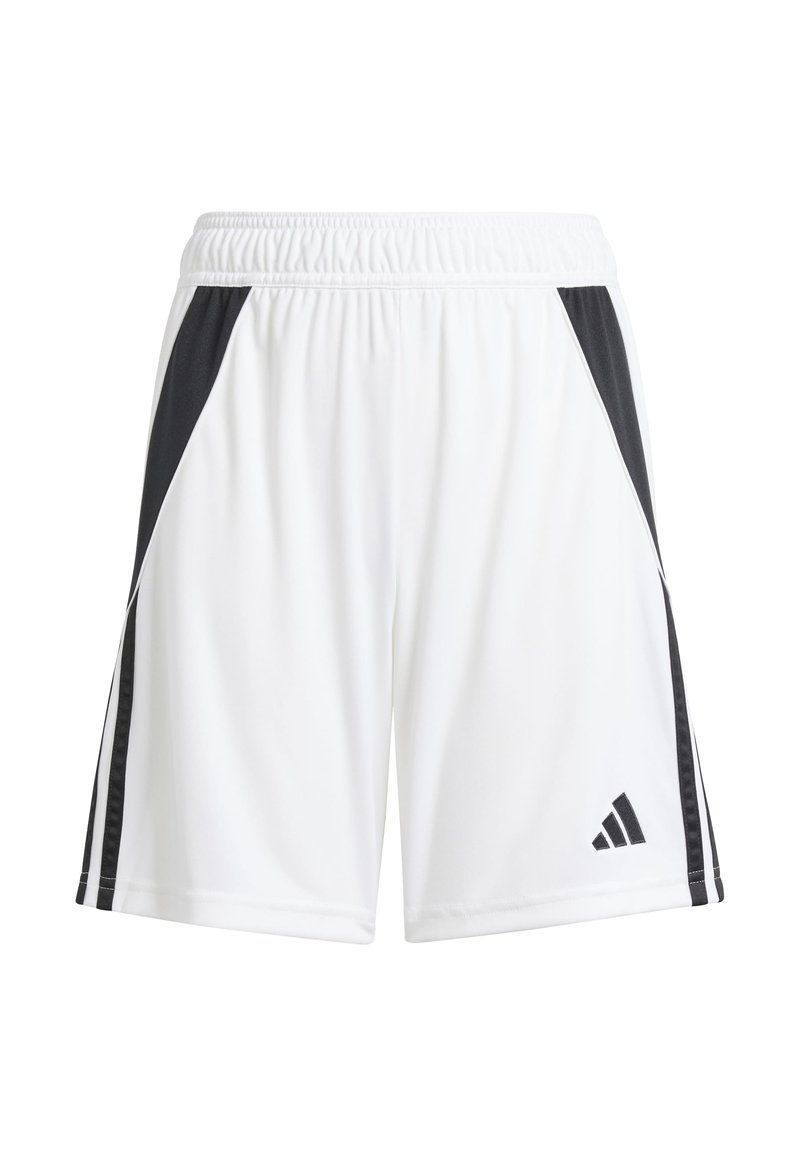 Weiße Sportshorts aus leichtem Material, mit schwarzen Seitenstreifen und einem elastischen Bund mit einem geprägten Logo-Detail.