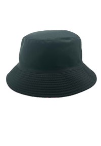 Schwarzer Bucket Hat mit runder Oberseite, starrer Krempe und strukturiertem Stoff. Einfaches Design ohne zusätzliche Muster oder Akzente.