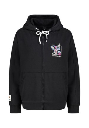 Zwarte hoodie met rits, witte trekkoorden en een frontale bloemenprint. Heeft ribbels bij de manchetten en onderkant, en een zachte textuur.