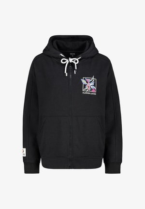 Schwarzer Kapuzenpullover mit Reißverschluss, weißen Kordeln und einem floralem Grafikdruck auf der Vorderseite. Mit gerippten Bündchen und Saum, weicher Textur.