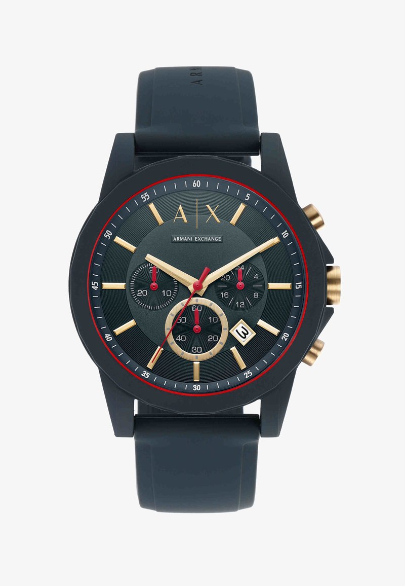 Montre-bracelet noire Armani Exchange avec des repères dorés, trois sous-cadrans, une aiguille des secondes rouge, une fenêtre de date à 4 heures et un bracelet en caoutchouc noir.