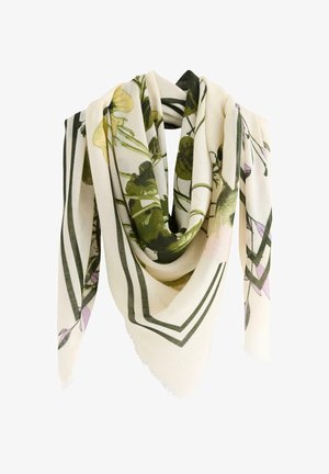 Floral-patterned scarf in cream, featuring green and purple accents. Lightweight fabric with a triangular shape and fringe edges.