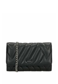 Portefeuille en cuir noir avec un design matelassé en chevron, doté d'une chaîne argentée et d'un petit emblème logo sur le devant.