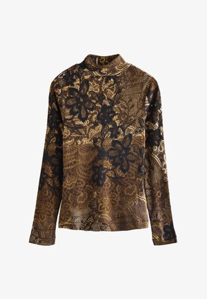 Top s dlouhým rukávem v tmavě hnědé barvě s černým květinovým krajkovým vzorem. Má vysoký límec a texturovanou látku s propracovanými detaily.