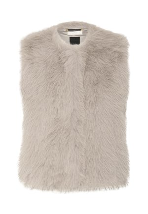 Faux-Fur-Weste in Hellgrau, mit hohem Kragen und einer weichen, strukturierten Oberfläche. Keine sichtbaren Verschlüsse, mit einem glatten Innenfutter.