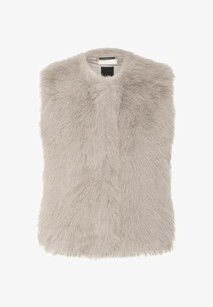 Faux päls väst i ljusgrått, med hög krage och en mjuk, texturerad yta. Inga synliga stängningar, med en slät inre foder.