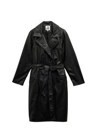 Czarny skórzany płaszcz trench z szerokim kołnierzem, podwójnymi guzikami, długimi rękawami, paskiem w talii i teksturowanym wykończeniem.