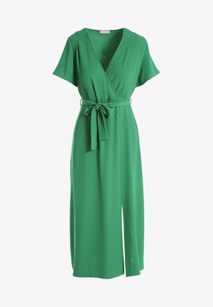 Grünes Wickelkleid aus glattem Stoff. Verfügt über kurze Ärmel, einen Bindegürtel und eine Knopfdetails entlang der Vorderseite, mit einem Seitenschlitz.