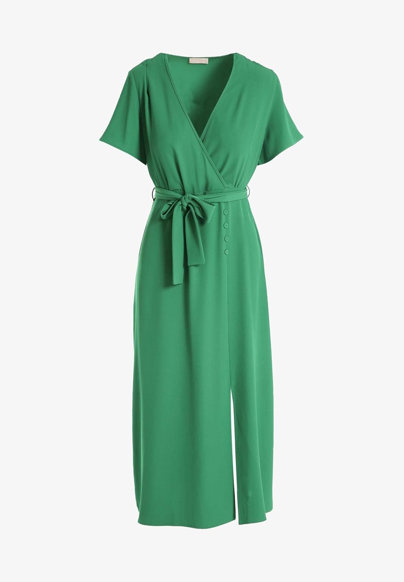 Zielona sukienka w kształcie litery A, uszyta z gładkiego materiału. Posiada krótkie rękawy, pasek do związania oraz detal z guzikami na przodzie, a także rozcięcie po boku.