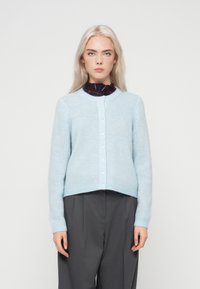 Blondynka w jasnoniebieskim zapinanym kardiganie noszącym się na ciemnej bluzce z falbanami, w szarych, wysokich szerokich spodniach.