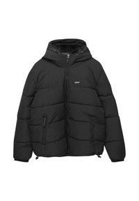 Giubbotto puffer nero con cappuccio, dotato di chiusura con zip, due tasche laterali con zip e imbottitura trapuntata per isolamento.