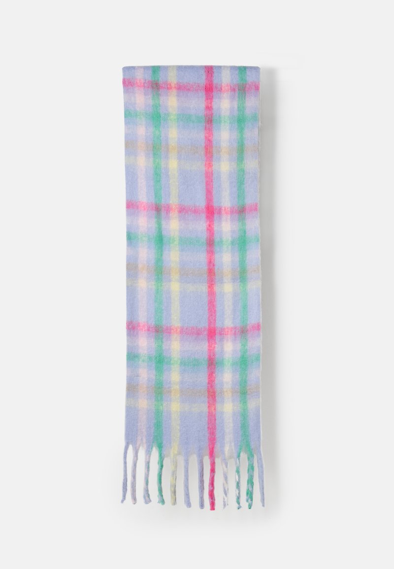 Πλαϊνή κασκόλ από μαλακό μείγμα μάλλινων νημάτων; διαθέτει ελαφριά μωβ βάση με ροζ, πράσινες και κίτρινες ρίγες; τελειωμένη με τριχιά άκρα.