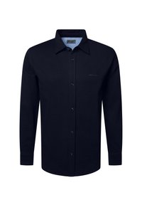 Heren overhemd met lange mouwen in donker marineblauw, met een puntige kraag en subtiel "Pierre Cardin"-logo op de borst.