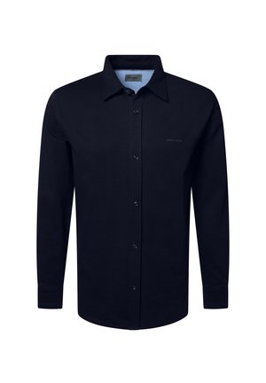 Herren Langarm-Hemd in Dunkelblau mit Knopfleiste, spitzem Kragen und dezentem "Pierre Cardin"-Logo auf der Brust.