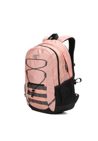 Zaino con motivo a griglia rosa e accenti neri, spallacci regolabili e corda bungee esterna. Presenta più scomparti e tasche laterali in rete.