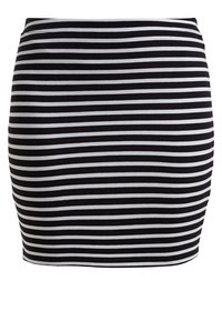 Musta-valkoraidallinen kangashame. Malli on istuva ja suora, ja siinä on vaakasuorat, samanlevyiset raidat.