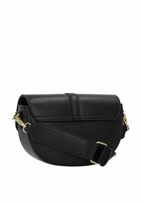 Borsa a tracolla in pelle nera con forma arrotondata, chiusura a patta e dettagli in hardware dorato. Caratterizzata da una tracolla regolabile e una superficie liscia.