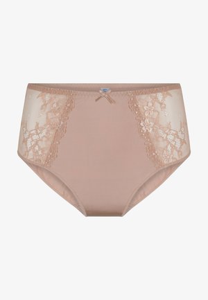 Naadloze hoge taille damesonderbroeken van gladde stof, met kanten zijpanelen en een centrale strikdetail op de taille.