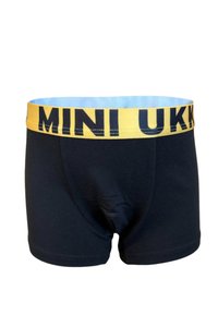 Mustat puuvillabokserit, joissa on vaaleansininen vyötärönauha, johon on painettu isoin mustin kirjaimin "MINI UKK". Silkkinen rakenne, mukautuva malli.