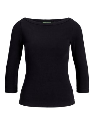 Black ribbed top with a boat neckline and three-quarter sleeves, made from stretch fabric, featuring a fitted design and smooth texture.