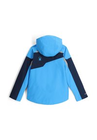 Blau und marinefarbener Windbreaker mit Kapuze, ausgestattet mit einem geometrischen Design und einem Spinnenlogo auf dem oberen Rücken. Glattes, wasserabweisendes Material.