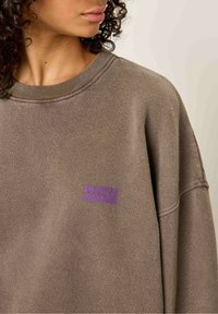 Rjava oversized pulover z okroglim ovratnikom in teksturiranim zaključkom. Ima vijoličast logo "American Vintage" na sprednji strani.