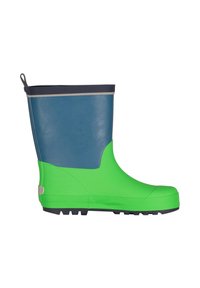 Αδιάβροχο μπότες σε μέγεθος παιδικό, με φωτεινό πράσινο κάτω μέρος και μπλε πάνω μέρος, μαύρη σόλα και μαύρο επάνω περίγραμμα με θηλιά για τράβηγμα.