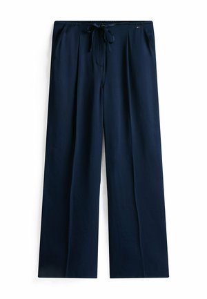 Pantaloni a gamba larga blu navy realizzati in tessuto morbido, con una vita regolabile con coulisse, due tasche laterali e sottili pieghe frontali.