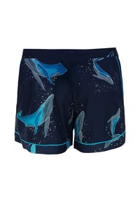 Granatowe spodenki kąpielowe z wzorem wielorybów w jasnoniebieskim kolorze. Charakteryzują się gładką fakturą i kontrastującym turkusowym przeszyciem wzdłuż brzegu.