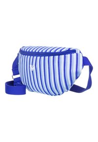 Sac banane en tissu rayé bleu et blanc avec fermeture éclair et sangle bleue réglable.