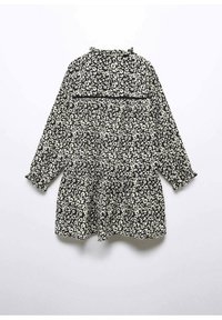Šaty s černobílým vzorem, dlouhými rukávy, volánkovým límcem, plisovanou sukní a detailem v pase, vystavující květinový motiv.