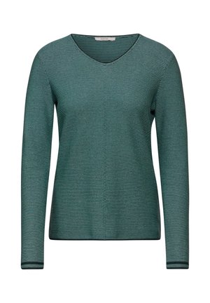 Green long-sleeve sweater with a V-neck. Features a ribbed texture and horizontal stripes, adding depth to the design.
