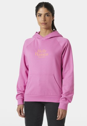 Růžová mikina vyrobená z měkké tkaniny, s přední kapsou, ribbed manžetami a zlatým nápisem "Helly Hansen Since 1877."