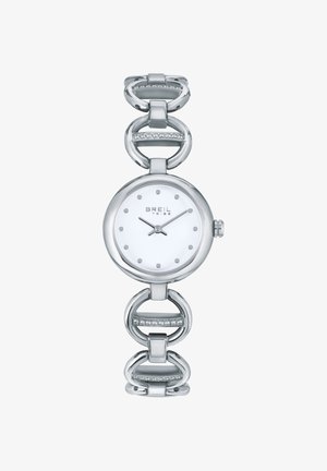 Montre en métal argenté avec un cadran blanc rond, un bracelet poli composé de maillons circulaires et des accents de petits cristaux transparents.