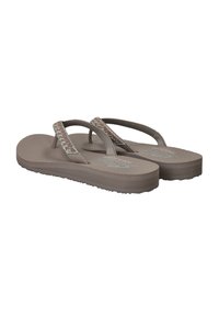 Bruine flip-flops met een gestructureerde voetbed en dubbele banden versierd met kleine decoratieve kralen in pink en zilveren accents. Vlakke zoolontwerp.