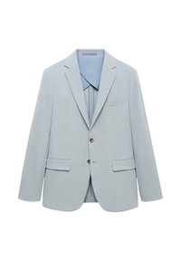 Light blue blazer, textured fabric, single-breasted design, two front pockets, one chest pocket, brown buttons, and blue interior lining.