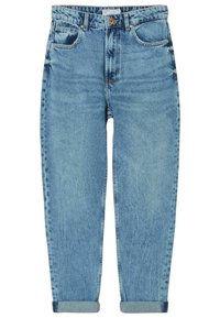 Vaaleansiniset farkut, joissa on korkea vyötärö, löysä istuvuus, käännettävät lahkeet, viisi taskua ja hienovarainen haalistuminen reisillä.